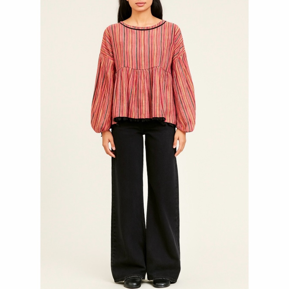 AMARYLLIS Metallic Striped Jewel Tone Pom Pom Peplum Blouse Top